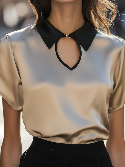 Clothilde | Blouse en satin à col contrasté et encolure goutte