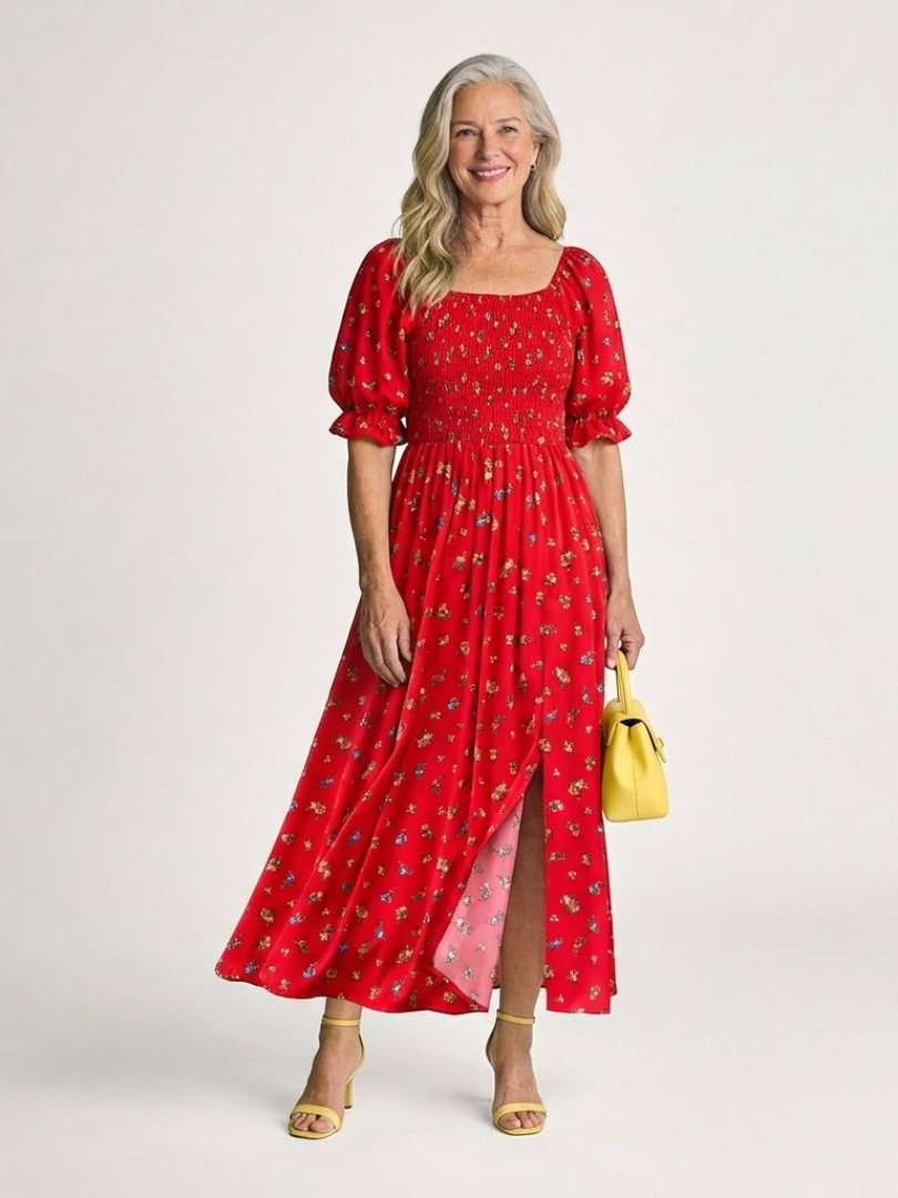 Delphine | Robe midi à manches bouffantes