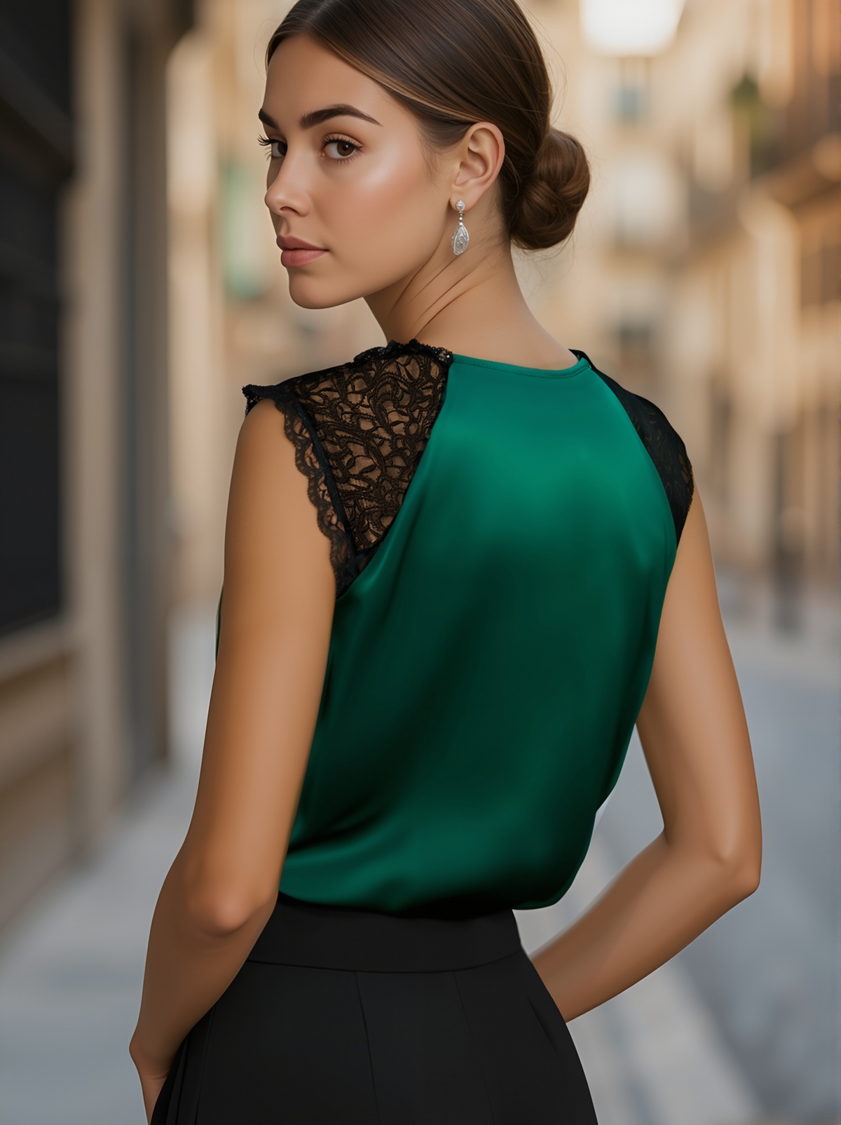 Émeraude | Blouse en satin à col V et dentelle