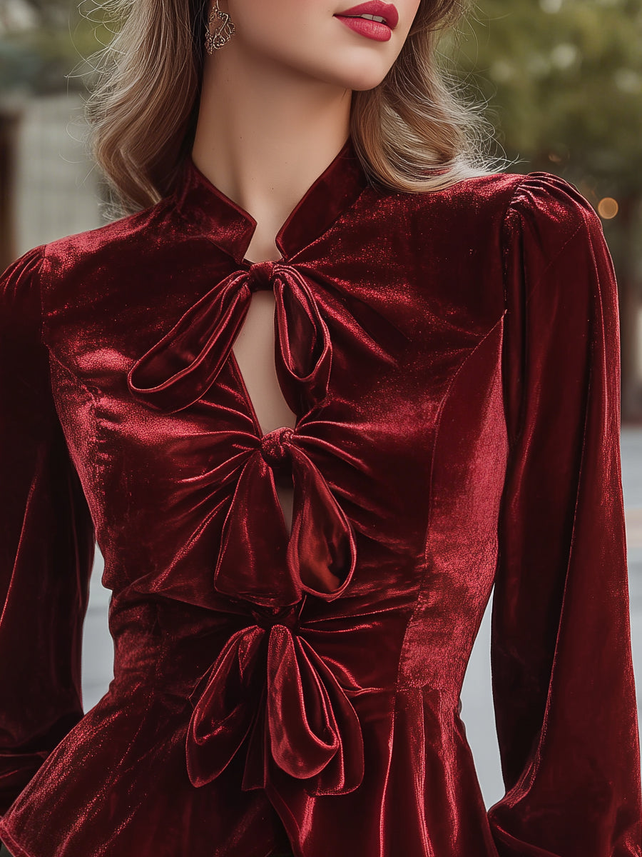 Noëlle | Blouse péplum en velours à trois nœuds