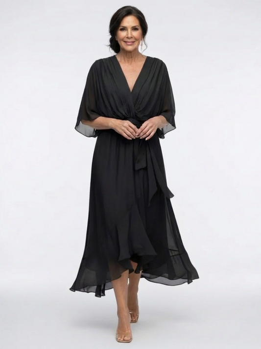 Elysia | Robe midi drapée à encolure