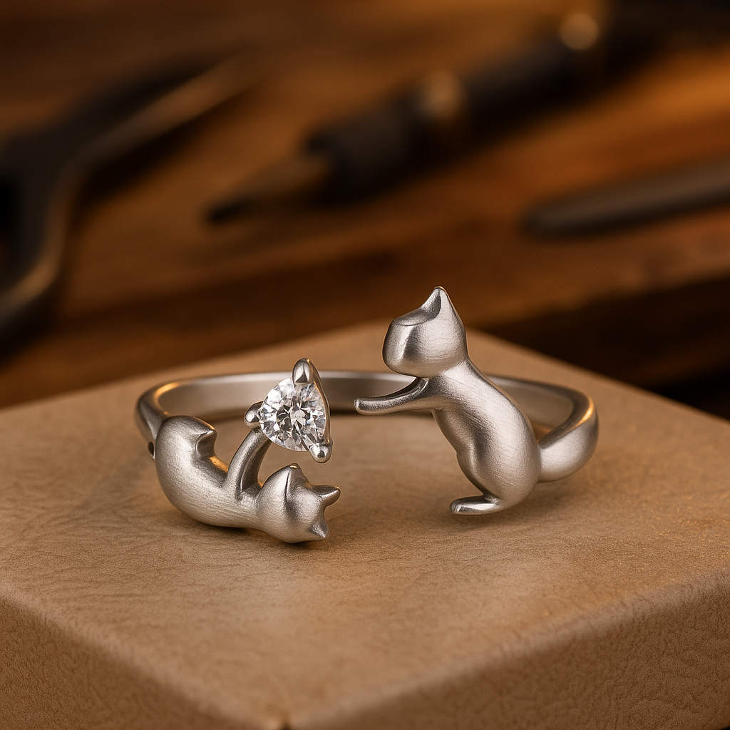 Bague Ajustable en Argent Sterling avec Chat et Zirconia