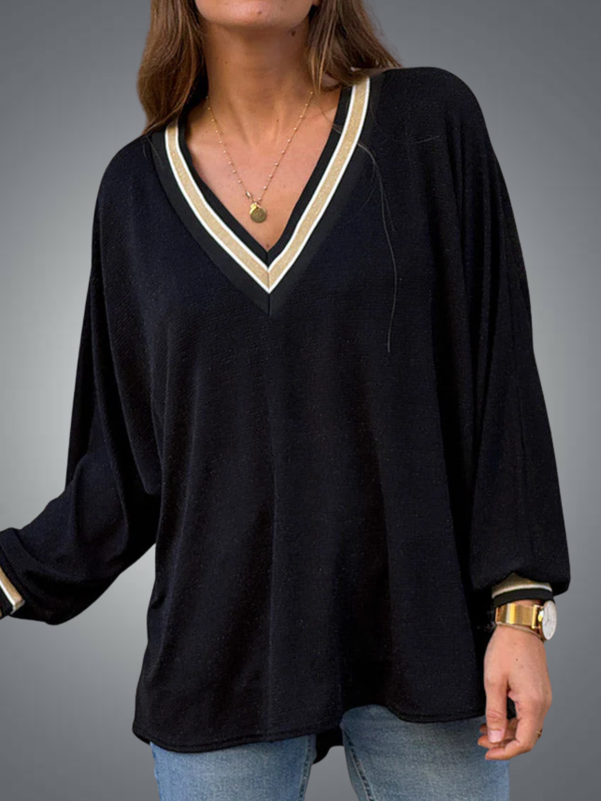 Lurex | Top noir brillant à col V