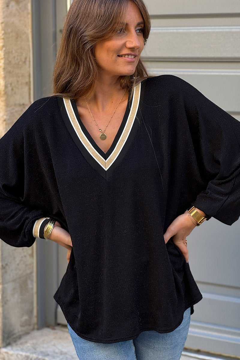 Lurex | Top noir brillant à col V