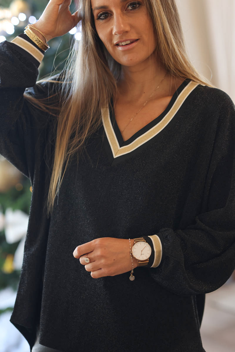 Lurex | Top noir brillant à col V