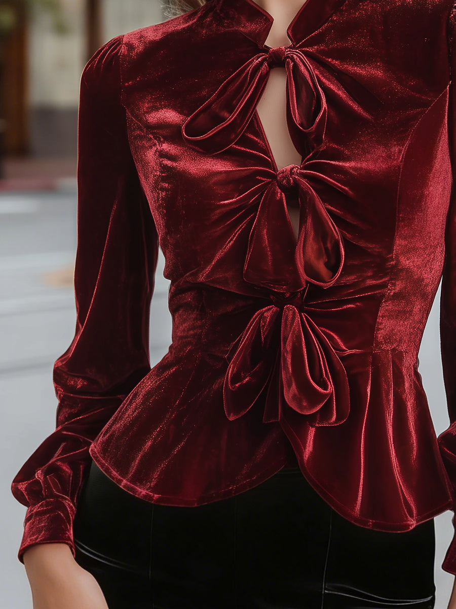 Noëlle | Blouse péplum en velours à trois nœuds