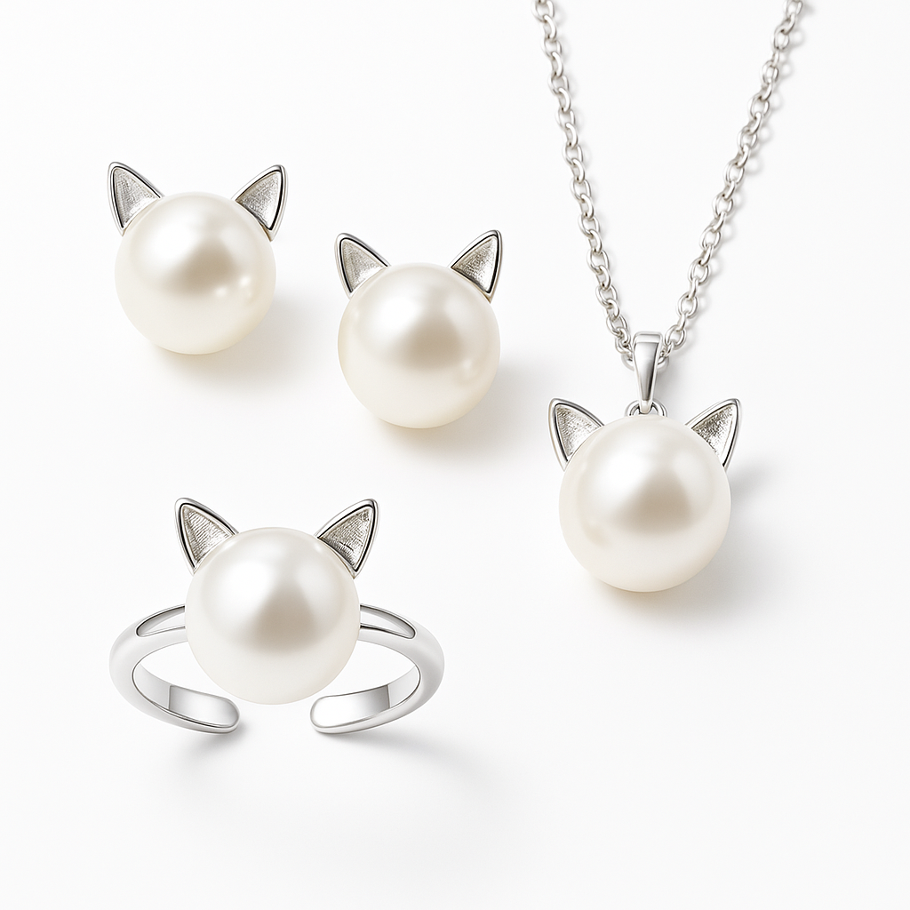 Parure chat en perles : collier, boucles d'oreilles et bague