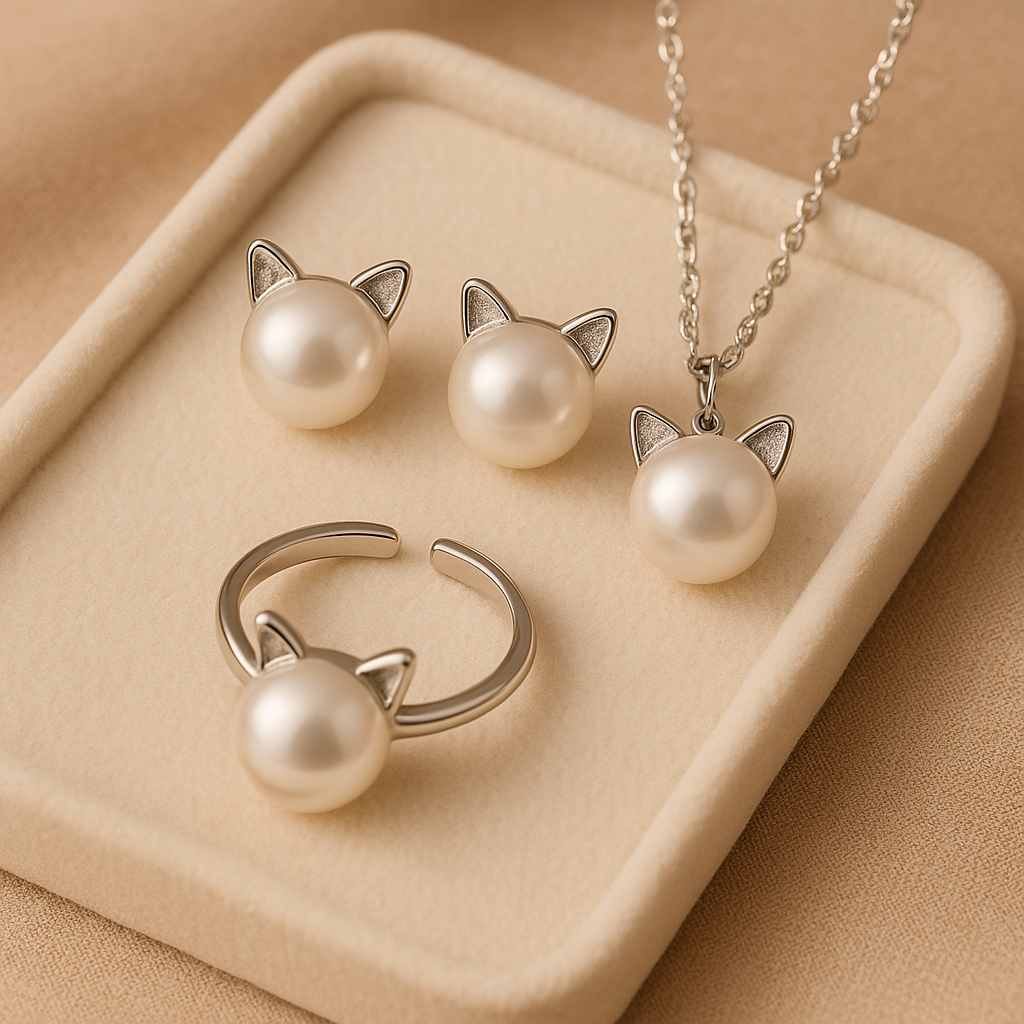 Parure chat en perles : collier, boucles d'oreilles et bague
