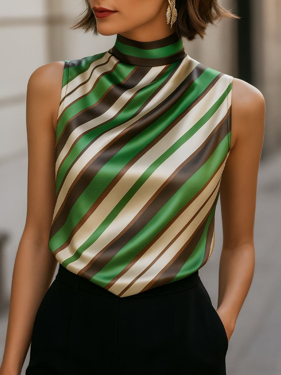 Rayure | Blouse en satin rayé à col montant