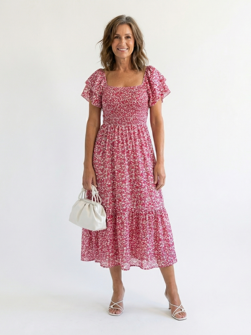 Odette | Robe midi florale à épaules nues