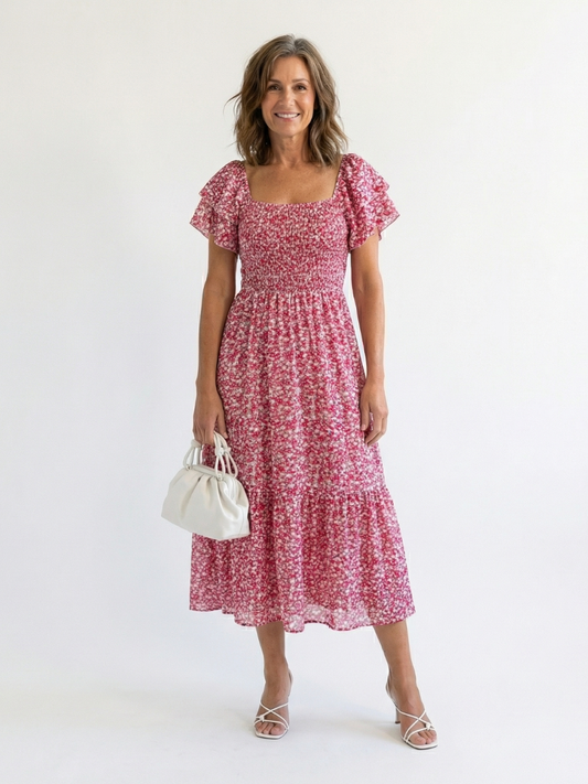 Odette | Robe midi florale à épaules nues