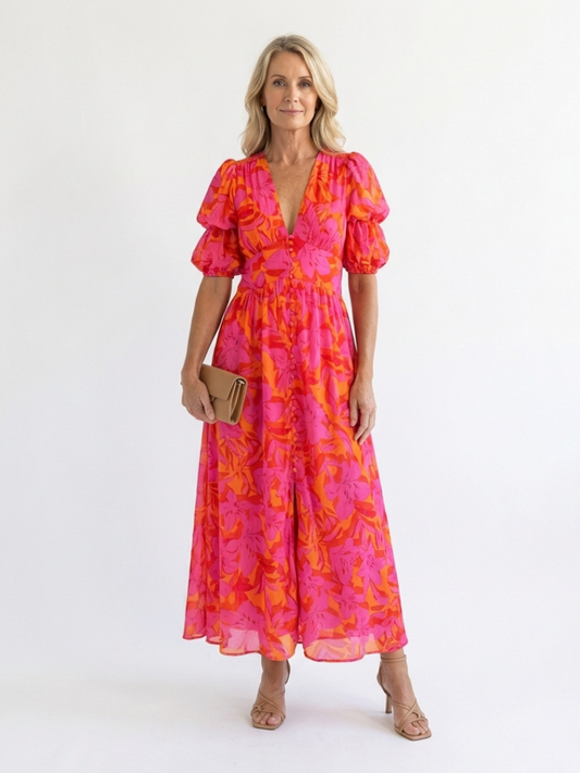 Lia | Robe midi à manches bouffantes