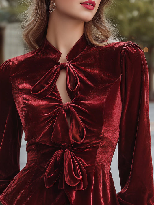 Noëlle | Blouse péplum en velours à trois nœuds