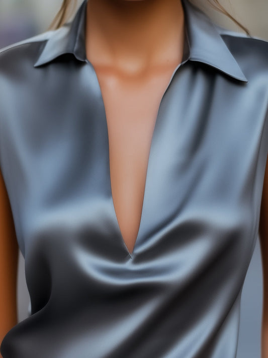 Perle | Top en satin gris décolleté plongeant