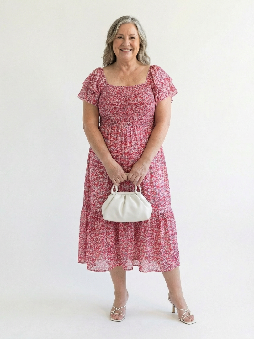 Odette | Robe midi florale à épaules nues