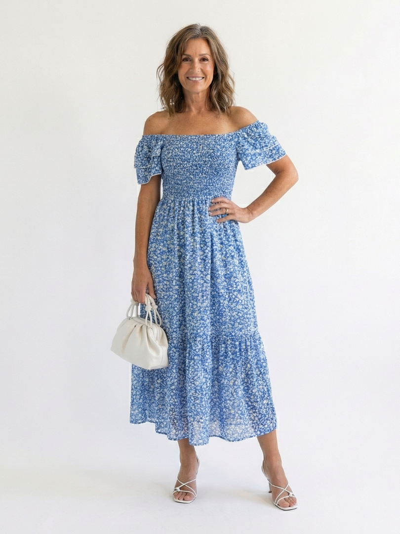 Odette | Robe midi florale à épaules nues
