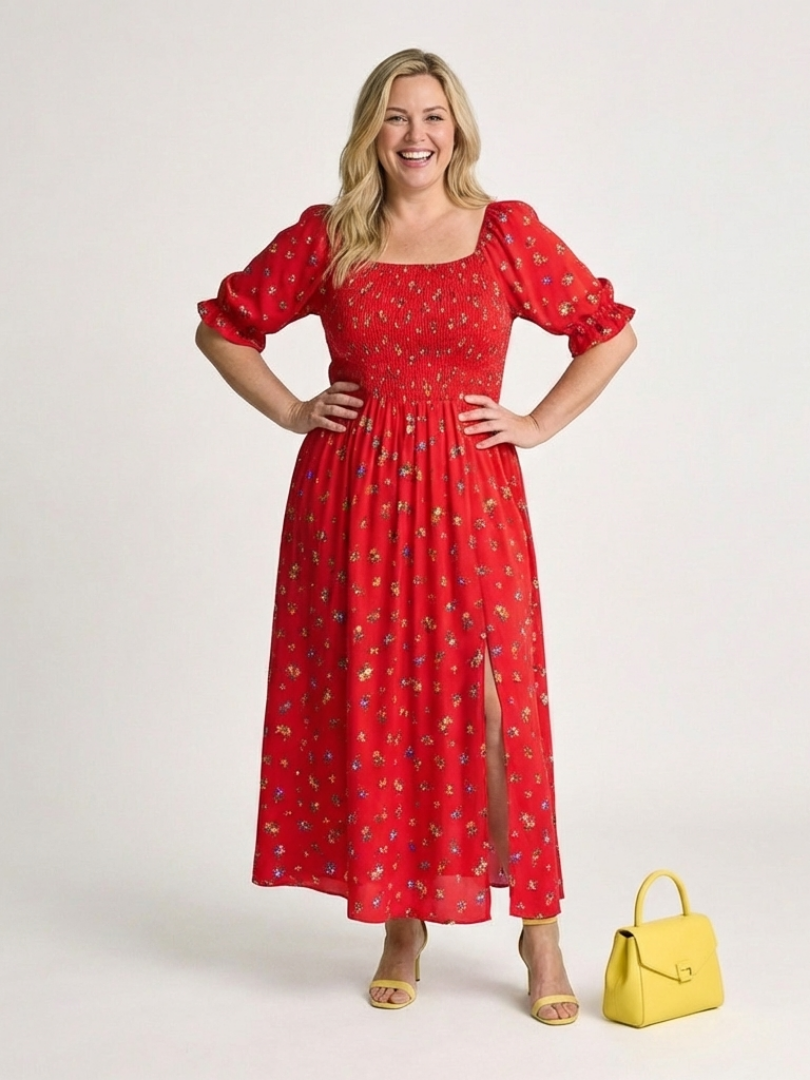 Delphine | Robe midi à manches bouffantes
