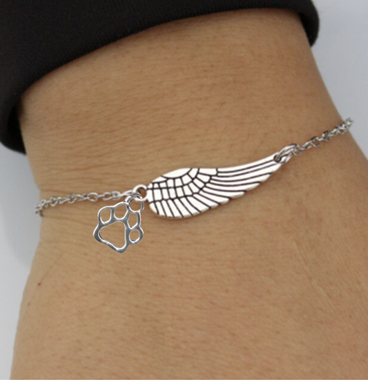 Bracelet commémoratif en argent avec aile d'ange et empreinte de patte | Fait main