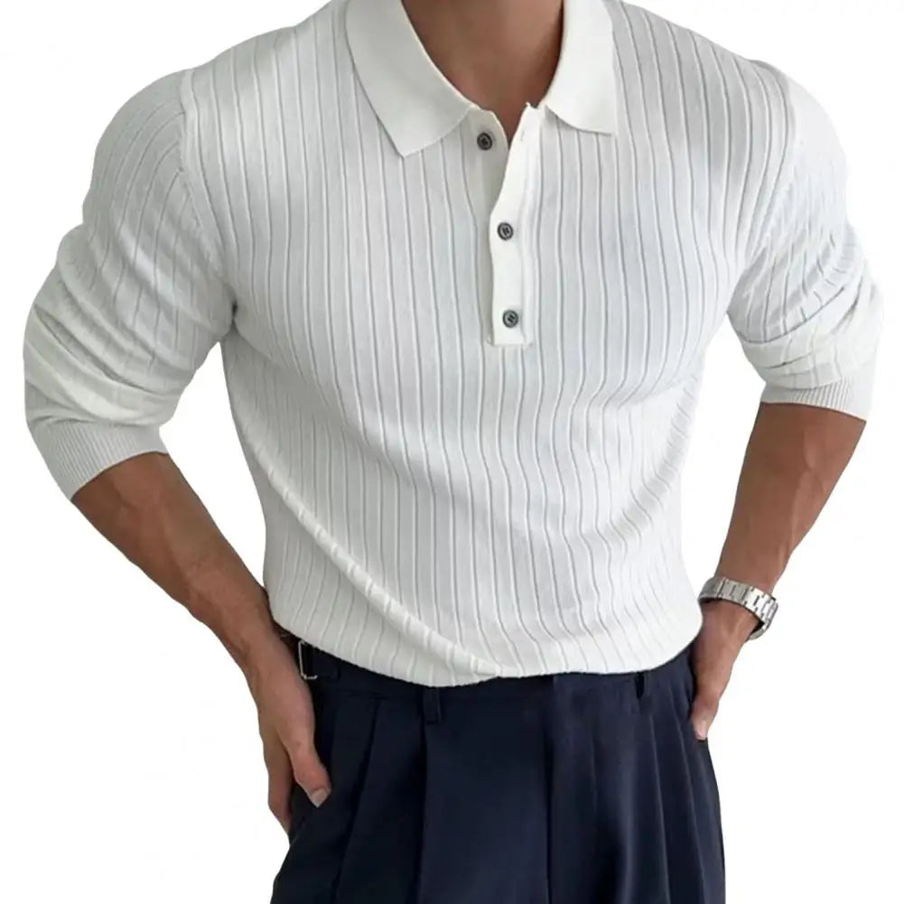 Nouveau Printemps Hommes Uni Rayé Fitness Élasticité Manches Longues Pour Hommes Mode Col Montant Chemises Tricotées