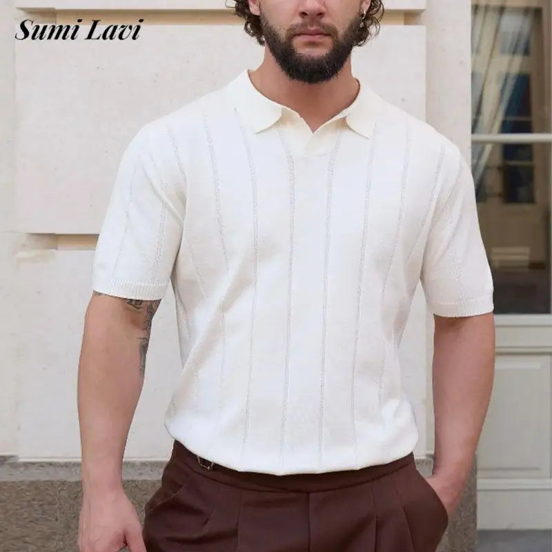 Chemises Texturées Vintage Pour Hommes Tendance Couleur Unie Col Revers Chemise Hommes Été 2026 Polo À Manches Courtes Pour Hommes