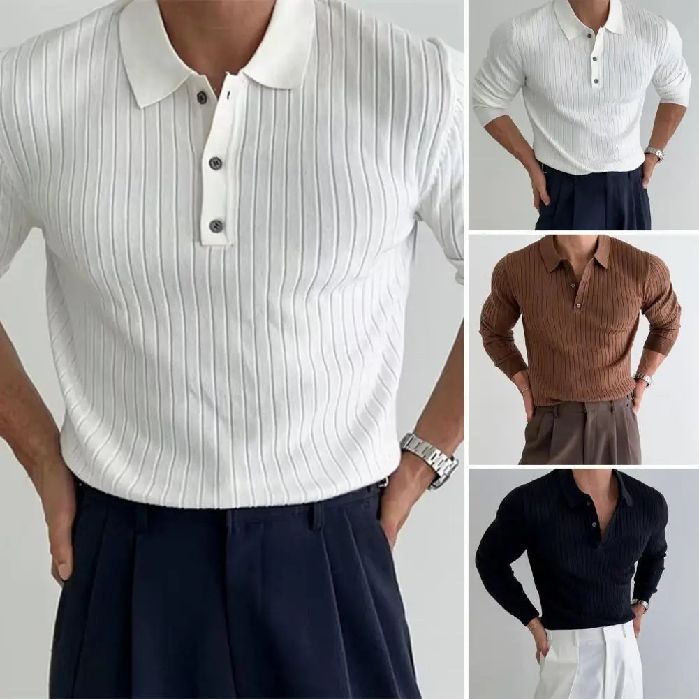 Nouveau Printemps Hommes Uni Rayé Fitness Élasticité Manches Longues Pour Hommes Mode Col Montant Chemises Tricotées