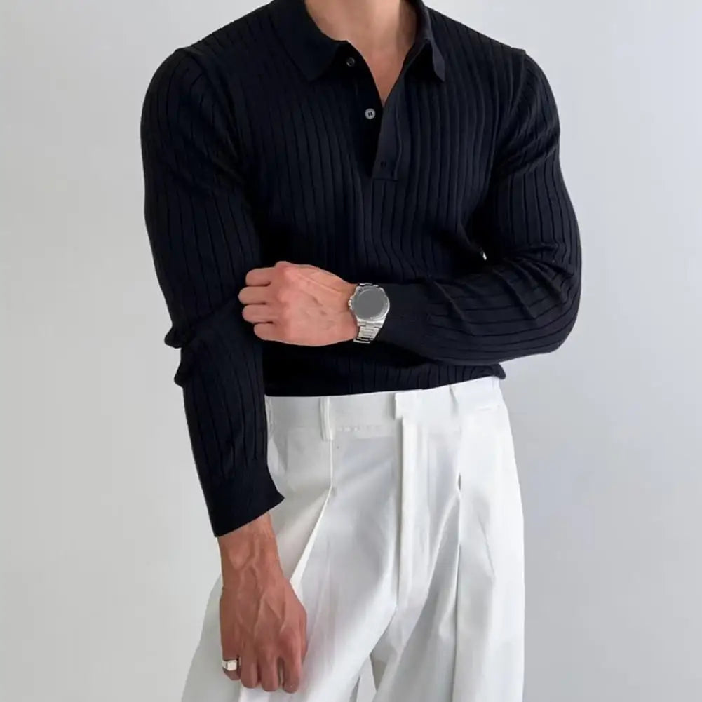 Nouveau Printemps Hommes Uni Rayé Fitness Élasticité Manches Longues Pour Hommes Mode Col Montant Chemises Tricotées
