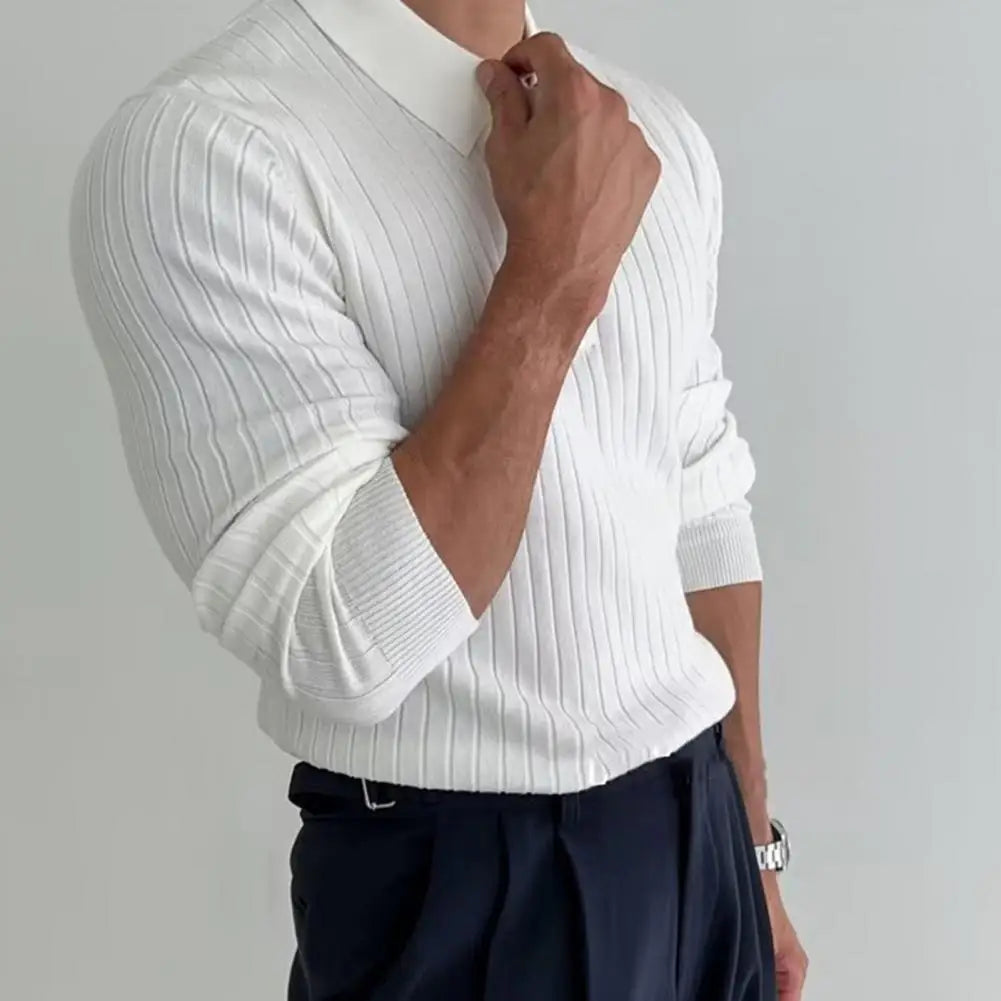 Nouveau Printemps Hommes Uni Rayé Fitness Élasticité Manches Longues Pour Hommes Mode Col Montant Chemises Tricotées