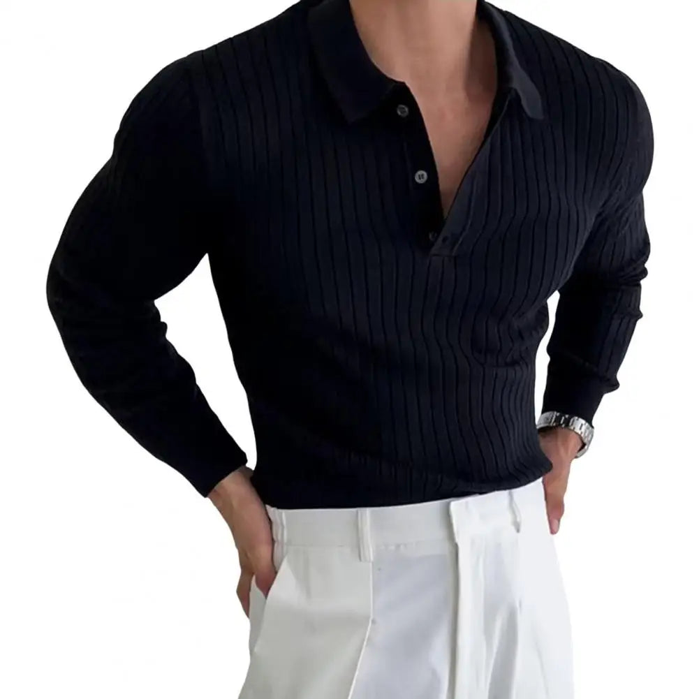 Nouveau Printemps Hommes Uni Rayé Fitness Élasticité Manches Longues Pour Hommes Mode Col Montant Chemises Tricotées