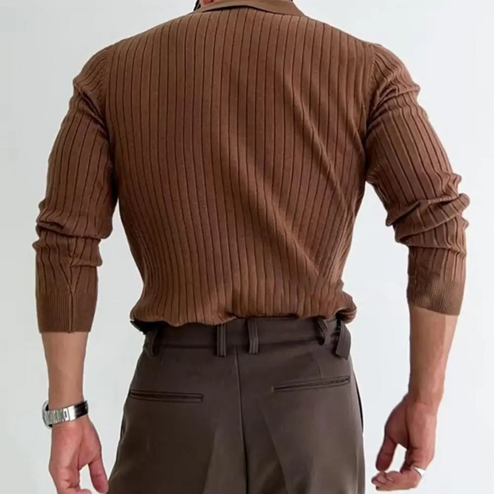 Nouveau Printemps Hommes Uni Rayé Fitness Élasticité Manches Longues Pour Hommes Mode Col Montant Chemises Tricotées