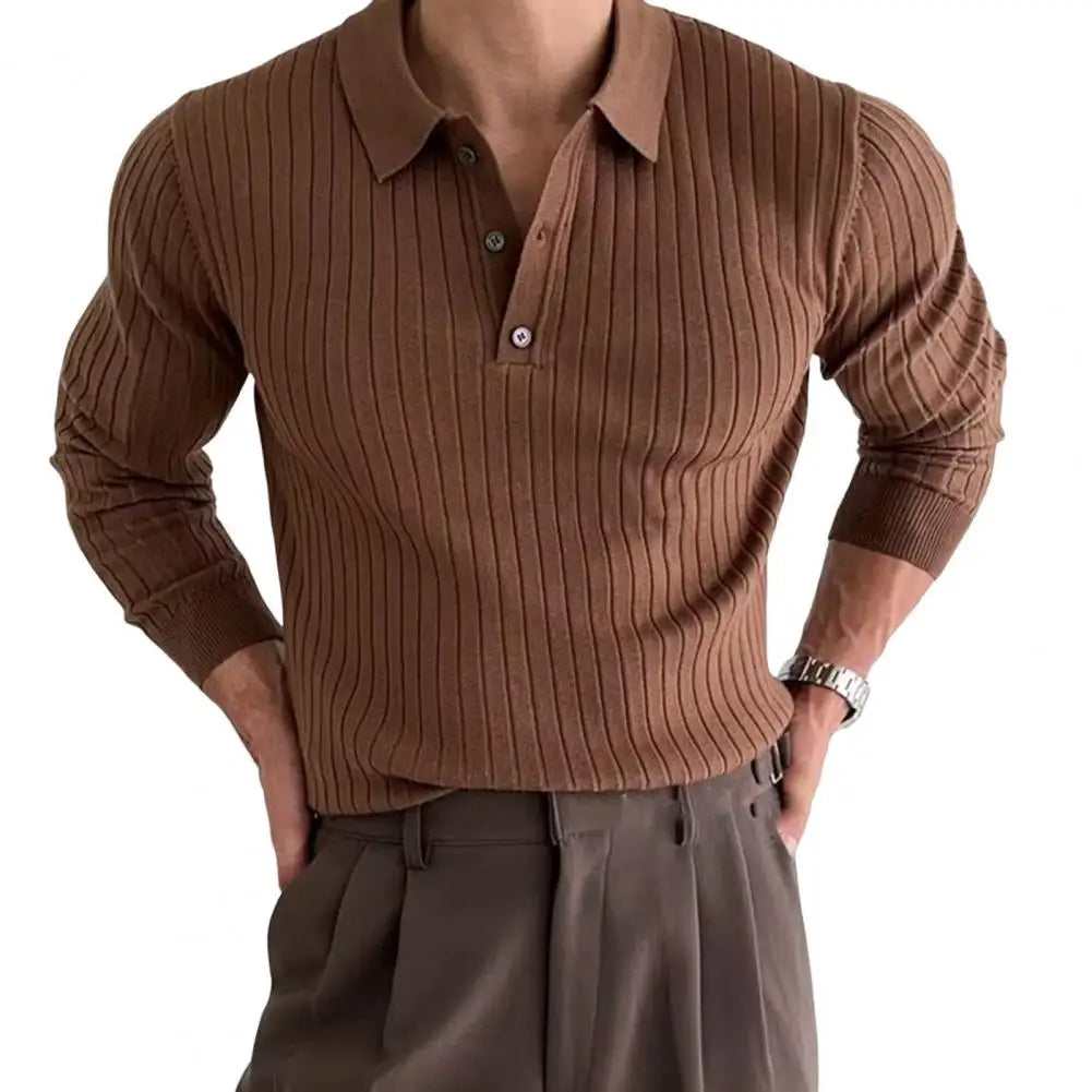 Nouveau Printemps Hommes Uni Rayé Fitness Élasticité Manches Longues Pour Hommes Mode Col Montant Chemises Tricotées