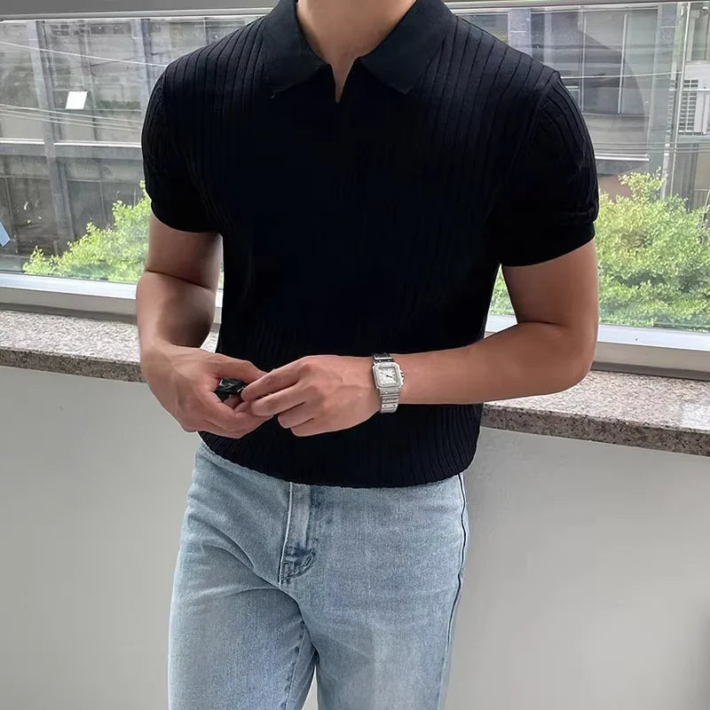 T-shirts Polos à Manches Courtes Tricotés pour Hommes Nouveauté d'Été Mode Décontractée T-shirt Respirant Uni Polo Tee Vêtements pour Hommes