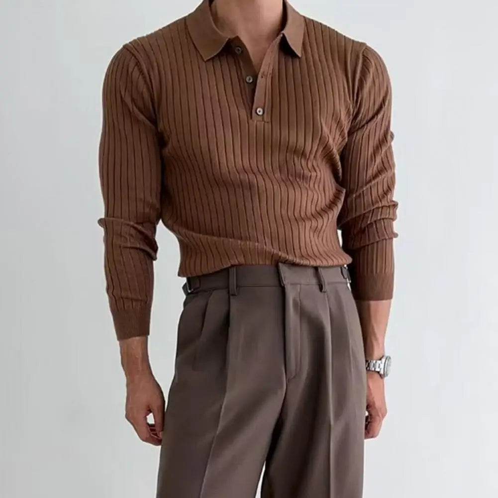 Nouveau Printemps Hommes Uni Rayé Fitness Élasticité Manches Longues Pour Hommes Mode Col Montant Chemises Tricotées