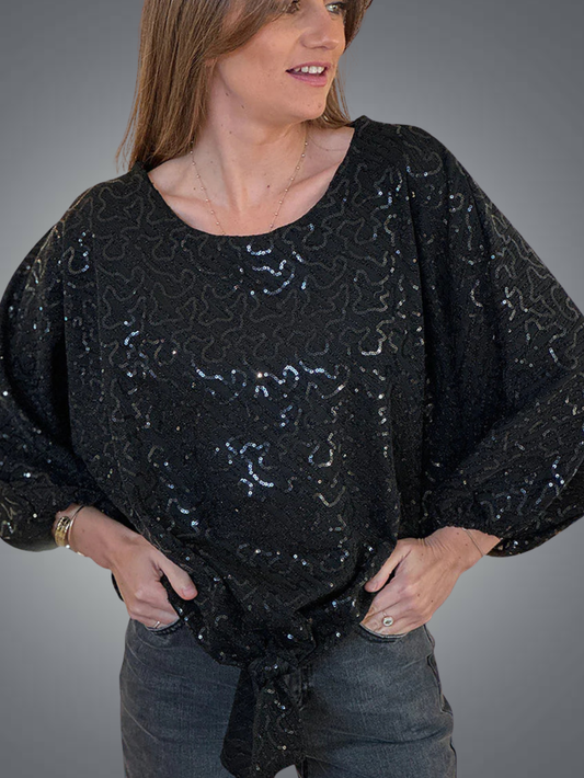 Top noir à sequins à nouer manches chauve souris