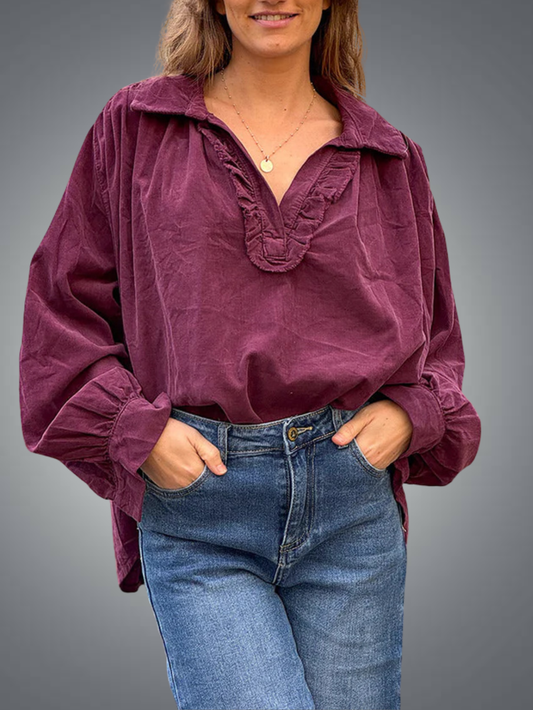 Blouse large aubergine en velours côtelé fin col v froufrou