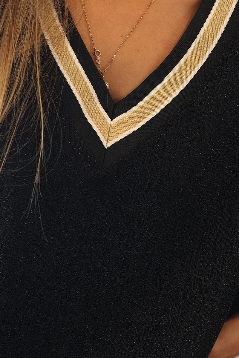 Lurex | Top noir brillant à col V
