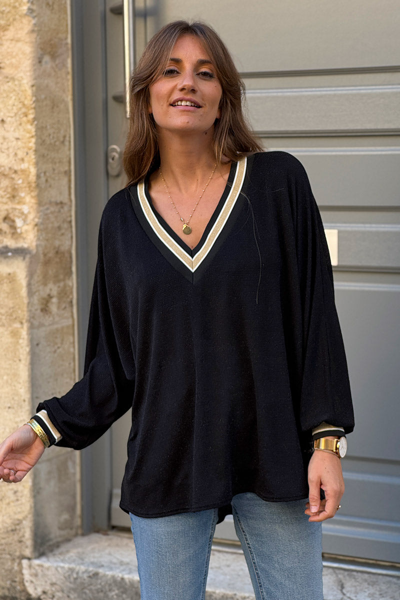Lurex | Top noir brillant à col V