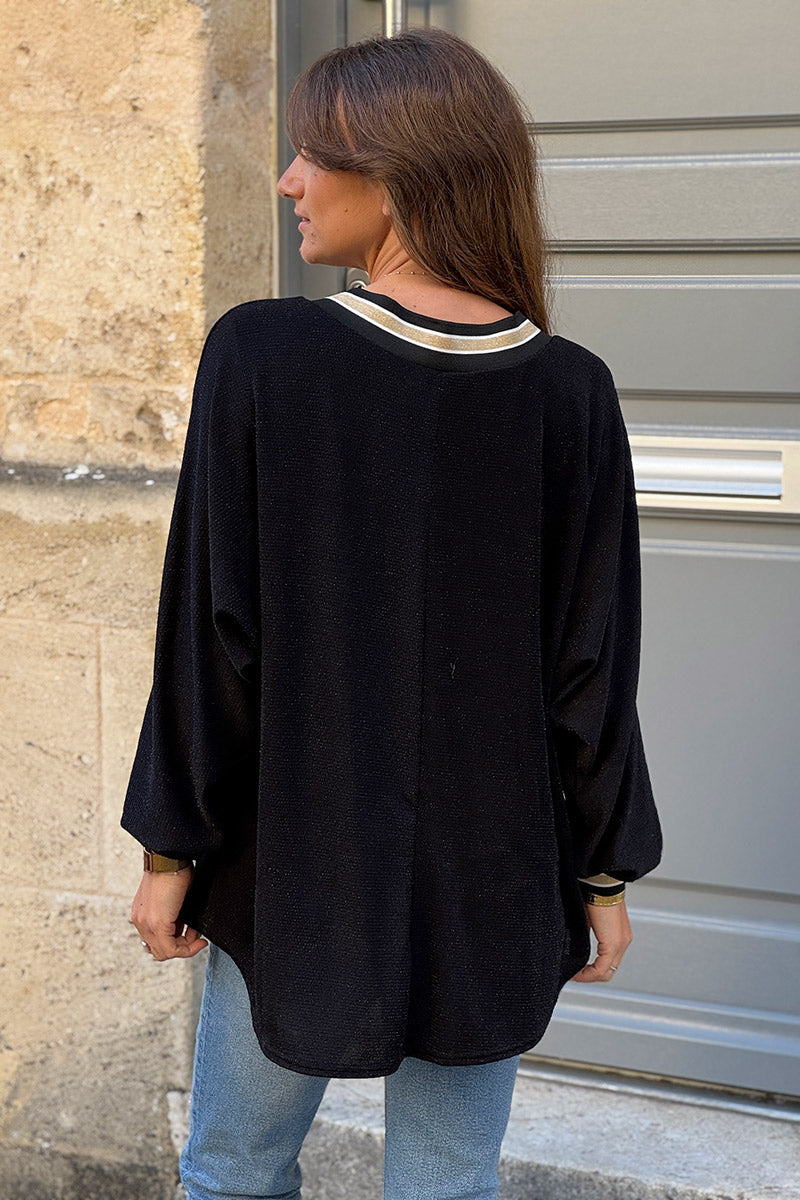 Lurex | Top noir brillant à col V