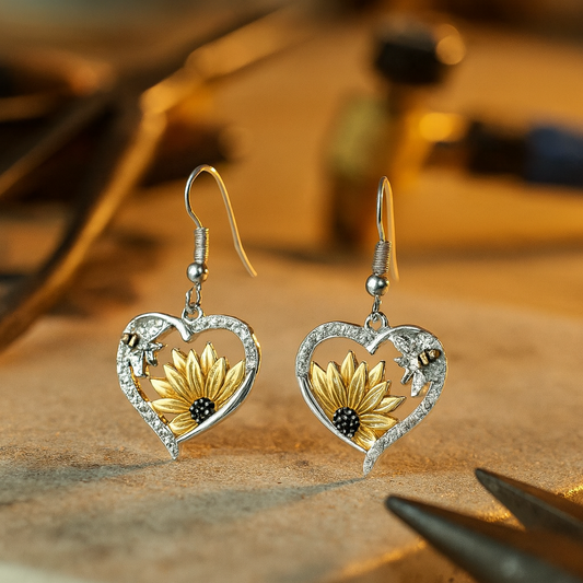 Boucles d'oreilles pendantes en forme de cœur vintage bohème avec tournesol et abeille