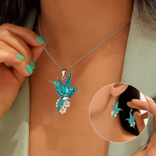 Collier colibri et boucles d'oreilles assorties