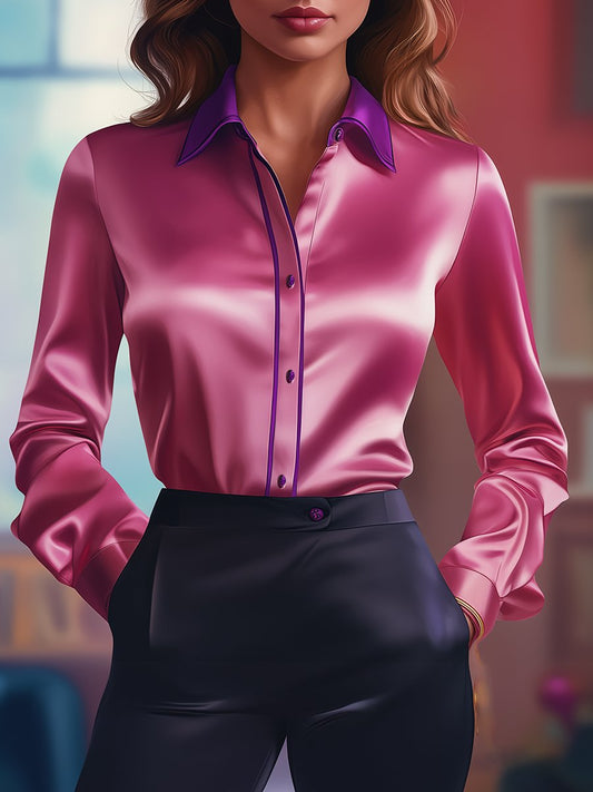 Blouse en Satin à Contrastes Rose et Violet