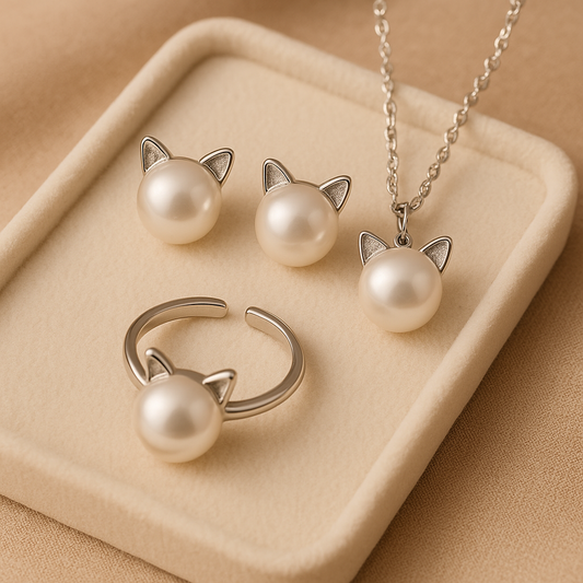 Parure chat en perles : collier, boucles d'oreilles et bague
