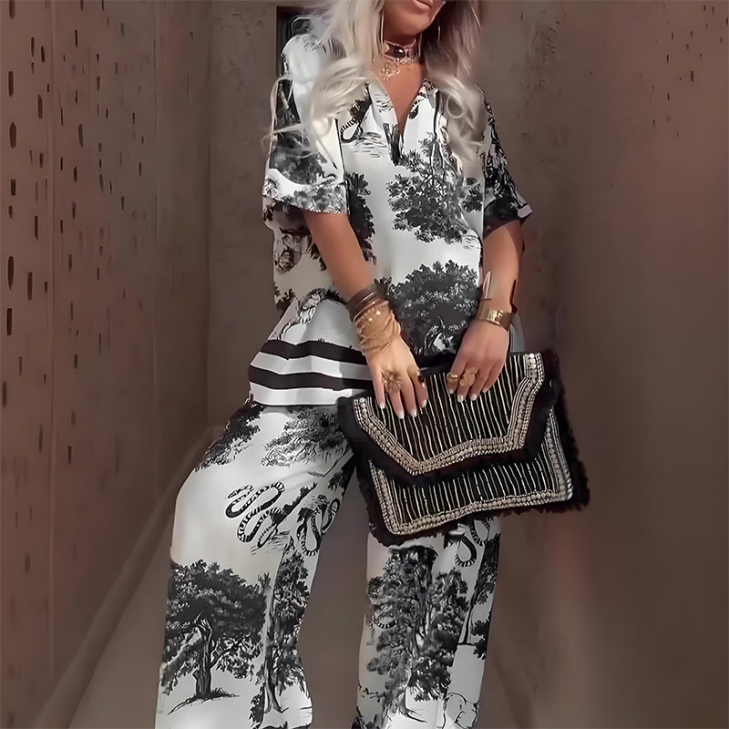 Linette | Ensemble haut imprimé col V et pantalon