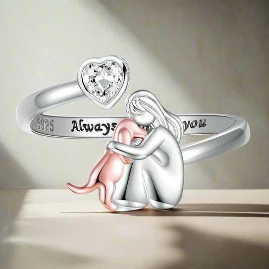 Bague Ajustable pour Chien en Argent Sterling 925 – “Toujours dans Mon Cœur” avec Zirconia